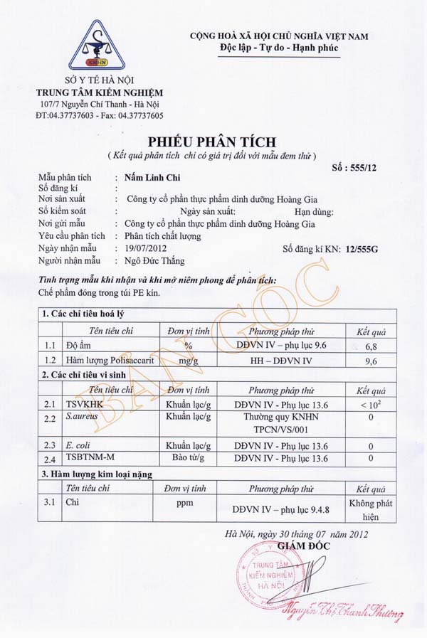 Kết quả kiểm nghiệm đạt tiêu chuẩn